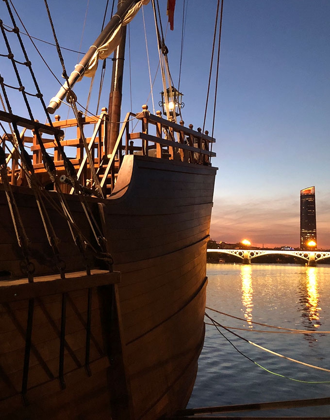 Nao Victoria sunset with Torre Pelli